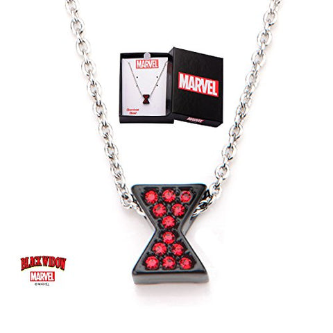 Women's Stainless Steel Black IP Black Widow Logo with Precision set Red Cubic Zirconia Gems Necklace, 18 in plus 3 in extender
