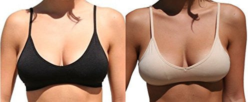 Anemone, Women's 2pk or 3pk Seamless V Neck Padded Bralette with Adjustable Straps (One size, Black Nude)