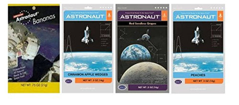 Astronaut Bananas .75oz, Astronaut Peaches .5oz, Astronaut Cinnamon Apple Wedges .5oz and Astronaut Red Seedless Grapes .5oz
