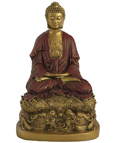 Buddha on Dragon Throne Statue, Gold Colored Finish, 10 Inches Tall