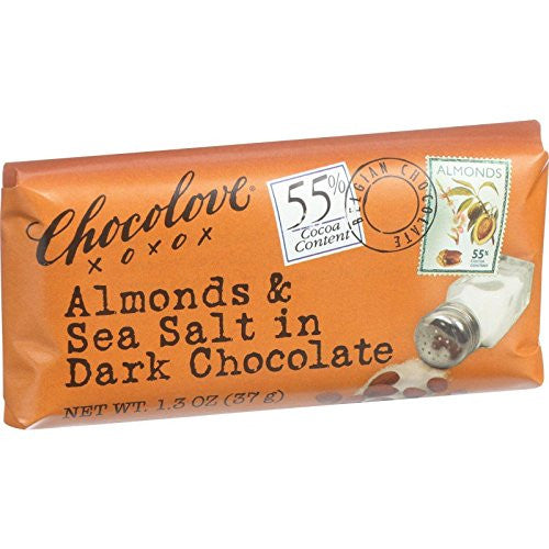 CHOCOLOVE, XOXO ALMONDS/SEA SALT MINI DARK CHOCOLATE BAR 1.3OZ