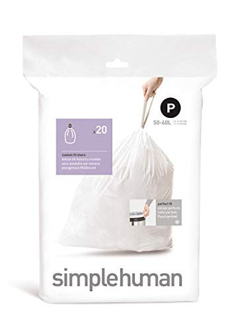 simplehuman Code P Custom Fit Drawstring Trash Bags, 50-60 Liter / 13.2-15.9 Gallon, White, 20 Count
