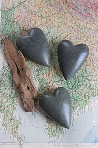 set of 6 hand carved stone hearts \ dark grey