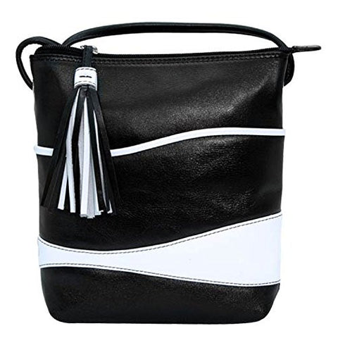 Top Zip Crossbody Bag With Multi-color Tassel Puller, Black White
