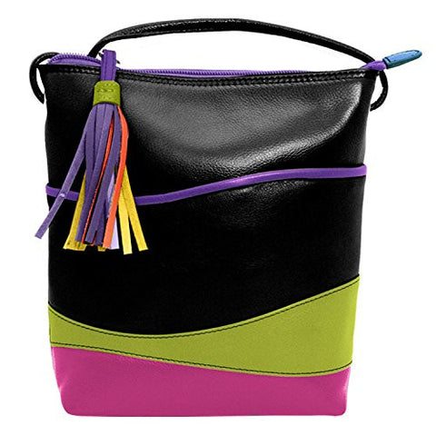 Top Zip Crossbody Bag With Multi-color Tassel Puller, Black Brights
