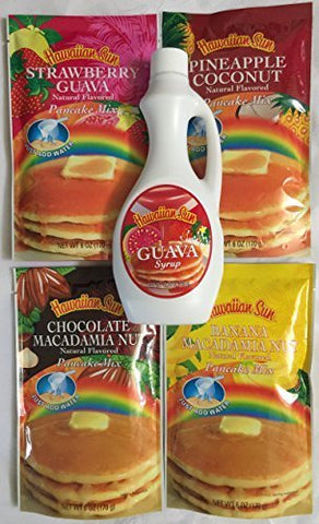 HS Guava Pancake Syrup - 15.75 oz, HS Strawberry Guava Pancake Mix - 6 oz, HS Banana Macadamia Nut Pancake Mix - 6 oz, HS Chocolate Macadamia Pancake Mix - 6 oz, and HS Pineapple Coconut Pancake Mix - 6 oz.