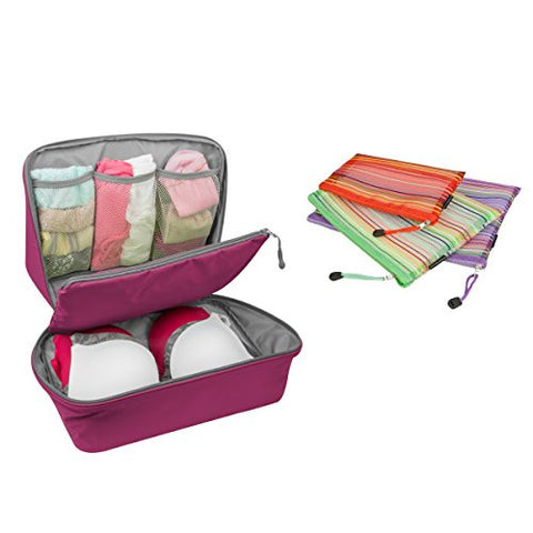 Multi-Purpose Packing Cube- Wineberry and Set of 3 Mesh Pouches- Assorted Color & Size