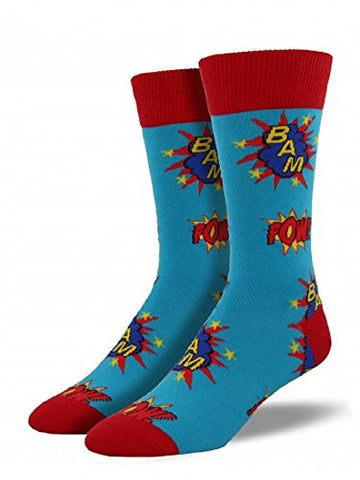 Mens Novelty Crew Socks "Bam Pow" - Blue