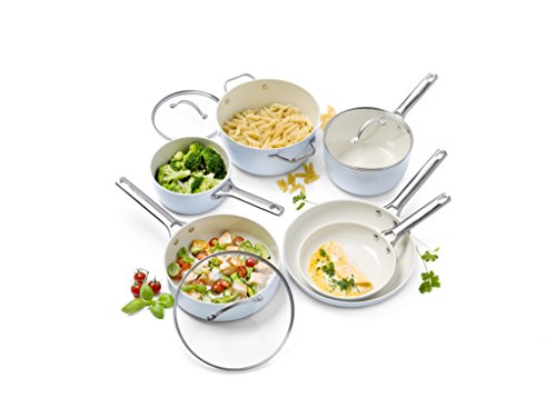 Padova 10 Piece Set  (Minerals Coating):
8" Open Frypan, 11" Open Frypan, 3.2QT Covered Sauté Pan, 2QT Covered Sauce Pan, 3QT Covered Sauce Pan with lid, 5QT Covered Casserole - Light Blue