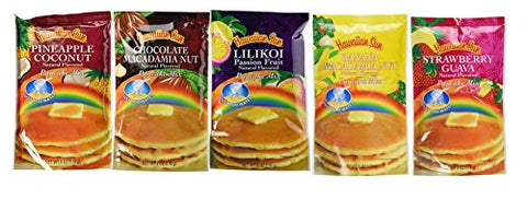 HS Pineapple Coconut Pancake Mix - 6 oz, HS Chocolate Macadamia Pancake Mix - 6 oz, HS Lilikoi Passion Fruit Pancake Mix - 6 oz, HS Banana Macadamia Nut Pancake Mix - 6 oz, and HS Strawberry Guava Pancake Mix - 6 oz.