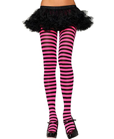 Leg Avenue 7100 Women's Nylon Stripe Tights Pantyhose - One Size - Black/Neon Pink