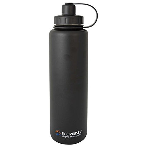 Eco Vessel BIGFOOT Vacuum Insulated Stainless Steel Water Bottle with Dual Opening Top and Tea, Fruit, Ice Strainer - 45 oz/1300 ml - Black Shadow