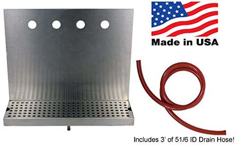 Drip Tray for 4 Faucets with Drain, 16" Wide, Stainless Steel, Includes 3' of 5/16 ID Drain Hose