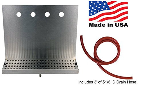 Drip Tray for 4 Faucets with Drain, 16" Wide, Stainless Steel, Includes 3' of 5/16 ID Drain Hose