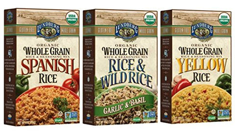 Whole Grain Rice & Seasoning Mix Yellow 6 oz,
Whole Grain Rice & Seasoning Mix Spanish Rice 6 oz and
Whole Grain Rice & Seasoning Mix Rice & Wild Rice, Garlic Basil 6 oz