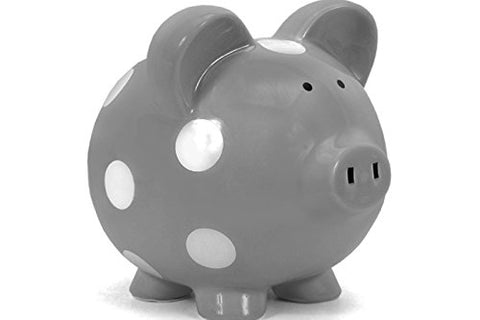 Piggy Bank, Gray w/ White Polka Dots