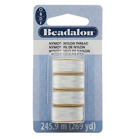 Nymo Thread, Sizes O .15mm(.006in) 82.3m; B .20mm(.008in) 66m; D .30 mm(.012in) 23m; F .35mm(.014in) 39m; White, 4 pc