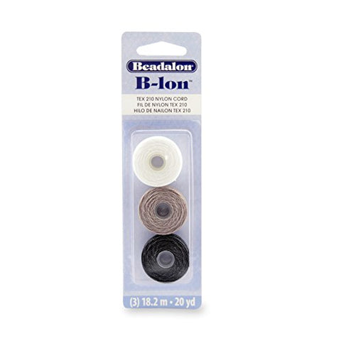 B-LON Cord, TEX 210, 0.5 mm (.02 in), Black, White, Grey, 18.28 m (20 yd) each, 3 pc