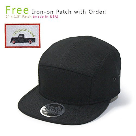 Vintage Year, Otto Cotton Twill Square Flat Visor with Binding Edge Five Panel Camper - Black