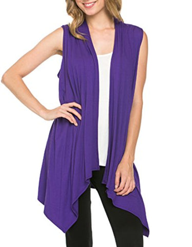 Women’s Sleeveless Draped Open Front Asymmetric Puple Vest Cardigan, Large