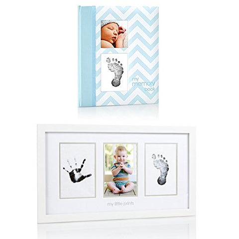 Baby Book Chevron Blue with Baby Prints Photo Frame white, Bundle