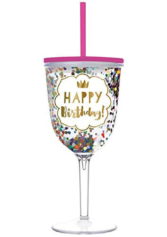 13oz DW Wine Glass Confetti- Happy Birthday with Lid and Straw