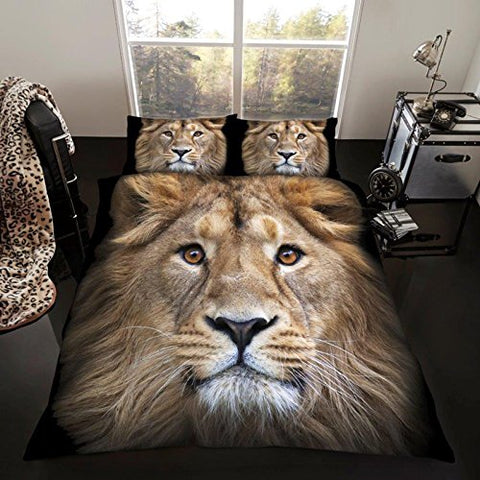 3D Lion Single Duvet Set (11108696) - 137cm x 200cm, Pillowcase size each: 50cm x 75cm (Brown / Black)