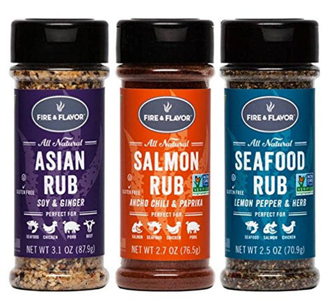 Fire and Flavor Bundle 1 each-Asian 3.1oz, Seafood 2.5oz, and Salmon Rub 2.7oz.