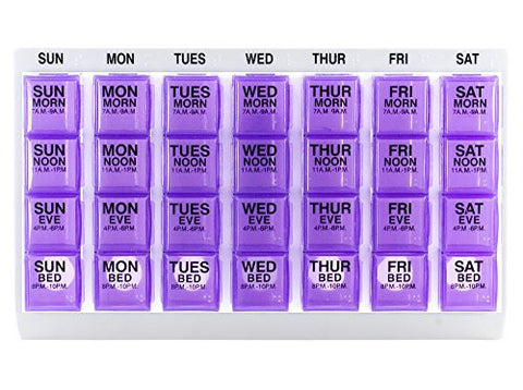 GMS Weekly 4x per Day Pill Organizer slated tray, White tray with translucent purple pill containers