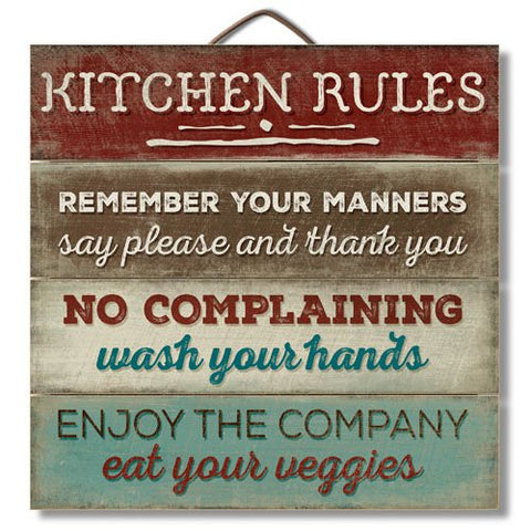 Kitchen Rules Slatted Wood Sign, 12 " x 12" x 0.75"
