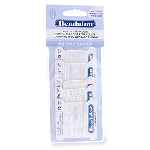 Silk Thread, VariPack, Sizes 1x02, 2x04, 2x06 w/needle, White, 2 m (6.5 ft) each