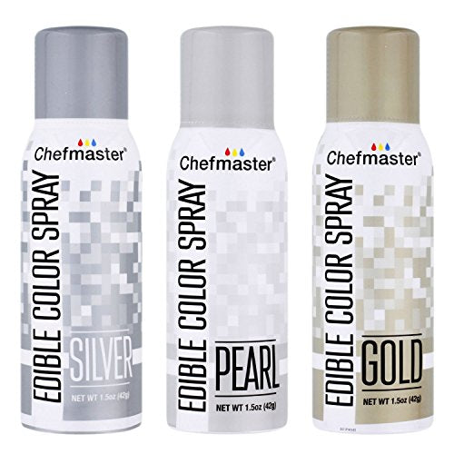 Pearl Chefmaster Edible Spray Box 6 1.05 Oz, Gold Chefmaster Edible Spray Box 6 1.05 Oz And Silver Chefmaster Edible Spray Box 6 1.05 Oz