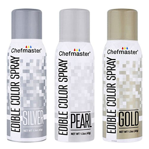 Pearl Chefmaster Edible Spray Box 6 1.05 Oz, Gold Chefmaster Edible Spray Box 6 1.05 Oz And Silver Chefmaster Edible Spray Box 6 1.05 Oz