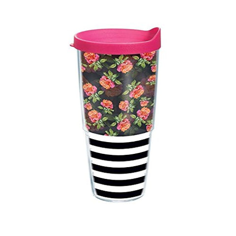 B2B Exclusives Wrap, Black and White Stripe Rose 24 oz - With Lid