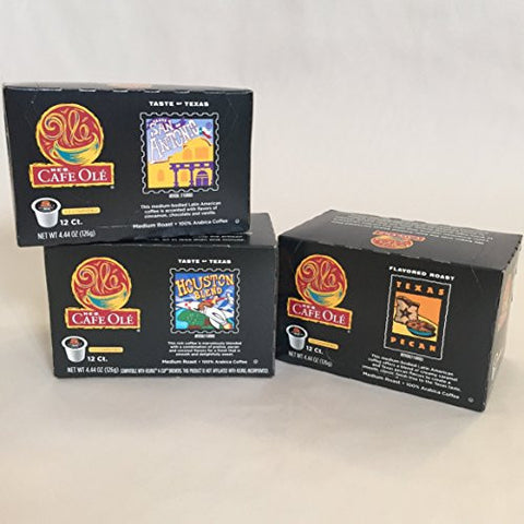 Cafe Ole Taste of San Antonio (Medium Roast 12 Count),
Cafe Ole Houston Blend (Medium Roast 12 Count), and
Cafe Ole Texas Pecan (Medium Roast 12 Count).
