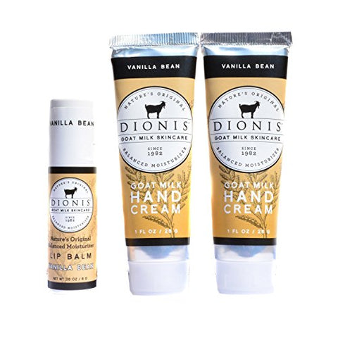 Vanilla Bean Lip Balm, .28 oz. tube/ 8 g (1 pc) and
Vanilla Bean Goat Milk Hand Cream, 1.0 oz. tube (2 pcs)