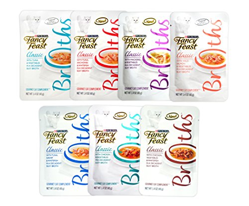 2-Fancy Feast Broths Tuna Vegetable 1.4 oz and 2-Fancy Feast Broths Tuna Anchovy Whitefish 1.4 oz and 2-Fancy Feast Broth Makerel Vegetable 1.4 oz and 2-Fancy Feast Broths Salmon Vegetable 1.4 oz and 2-Fancy Feast Broths Tuna Shrimp Whitefish 1.4 oz and 2