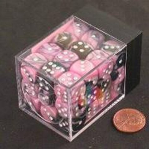 Gemini Set Of 36 Dice, 12 mm - Black & Pink With White