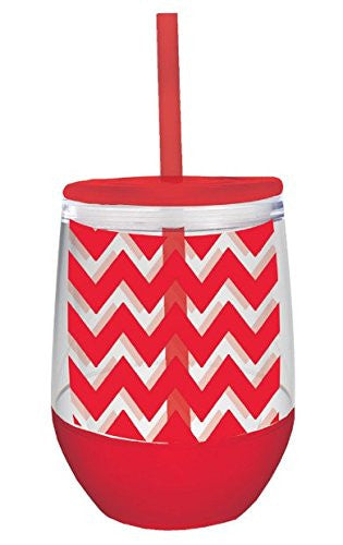 10oz Red Chevron Stemless Acry Wine with Lid & Straw