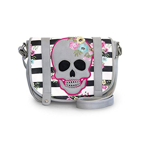 Grey Skull, Flowers & Stripes Crossbody Bag