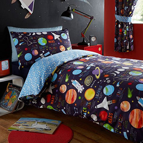 Planets Single Duvet and Pillowcase (PLA002) - 138cm x 200cm(54in x 78in) Pillowcase size: 50cm x 75cm(18.5in x 29.5in) Blue