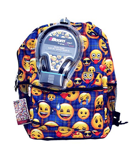 Emoji Blue Plaid Backpack 17" with Headphones