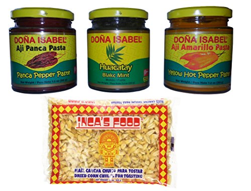 Dona Isabel Aji Amarillo Pasta, 7.5oz, Dona Isabel Aji Panca Pasta, 7.5oz, Dona Isabel Huacatay Pasta, 7.5oz, and Inca's Food Maíz Cancha Chulpe para Tostar, 15oz