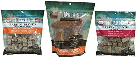 Barkin' Blends Freeze Dried Treats - Beef/Bacon - 2.5oz,
Barkin' Blends Freeze dried Treats - Beef/Sweet Potato -  2.5oz and
USA Chickken Breast Treats - Sammy's Chicken & Banana - 5oz