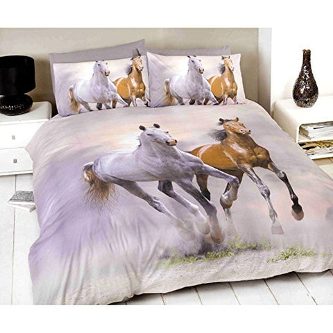 Galloping Horses Single Duvet Cover And Pillowcase Set - 135cm x 200cm (53in x 78in) Pillowcase size: 50cm x 75cm (20in x 29.5in) Cream and Brown
