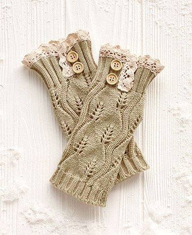 Button & Lace Trim Fingerless Gloves-Gray
