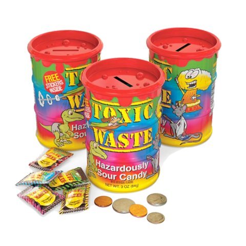 Tie Dye Bank, 3oz. Assorted Sour Hard Candy with Stickers (flavors include: Blue Raspberry, Black Cherry, Green Apple, Lemon and Watermelon)