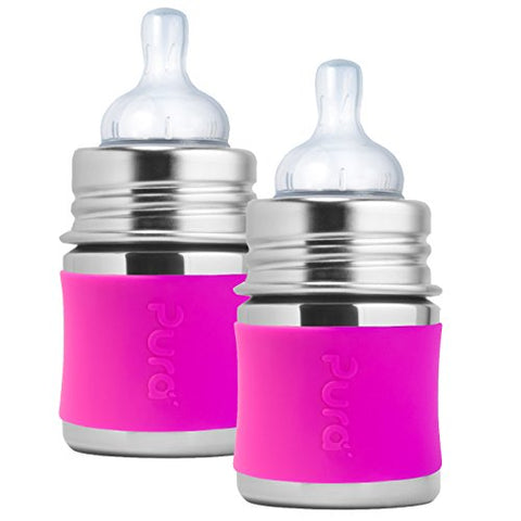 Pura 5 oz. Stainless Steel Baby Bottle, Slow Flow Nipple, Pink