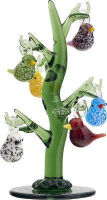 Green Glass Tree w/Bird Ornaments - 6 in