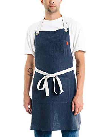 Caldo Linen Kitchen Apron for Cooking- Mens and Womens Linen Bib Apron for Professional Chef, Server, or Barista- Adjustable with Pockets (Navy)